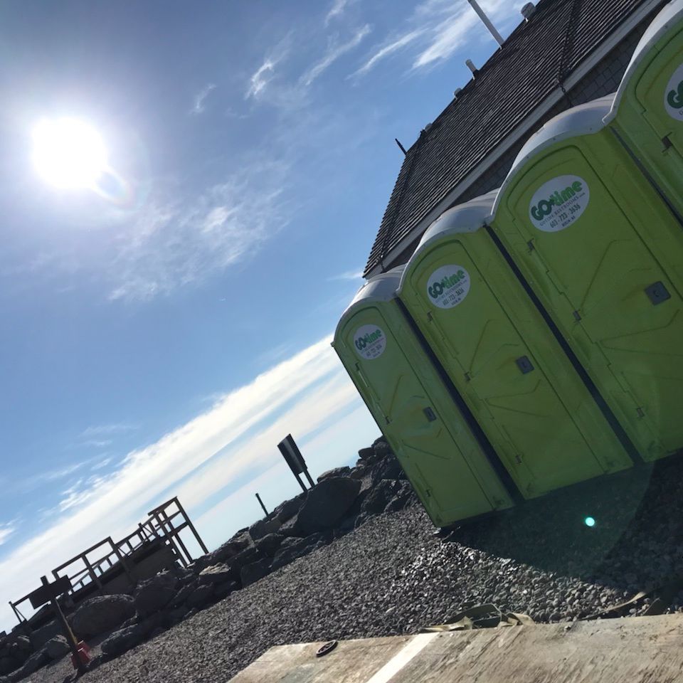 Bright sun shines over a row of lime green portable toilets. Set on a rocky surface.