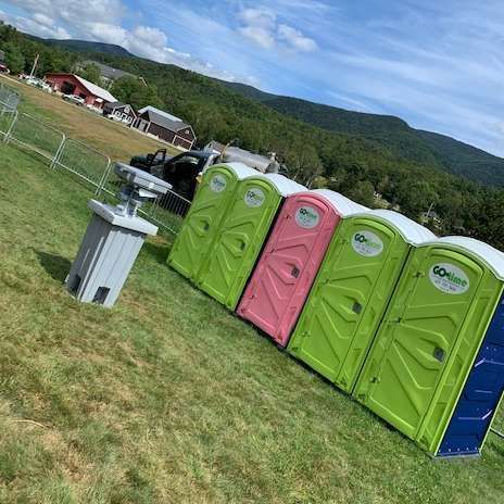 Row of portable toilets, including a pink one, on a grassy hill with mountains in the background.