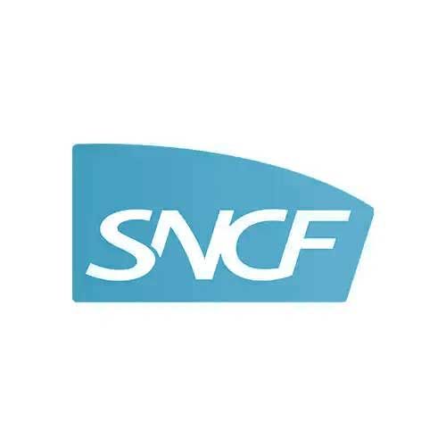 Le logo de la sncf est bleu et blanc sur fond blanc.