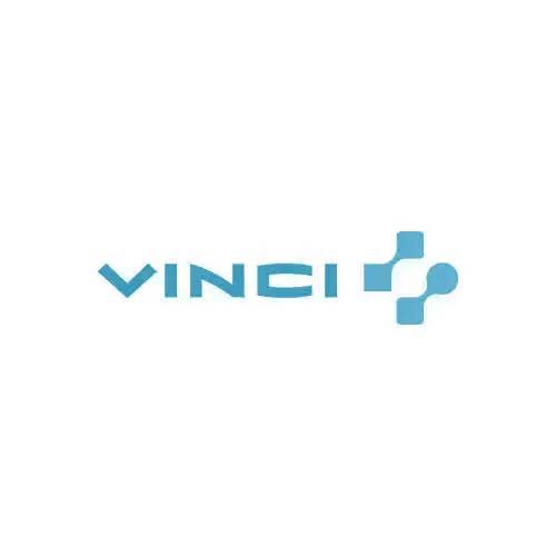 Le logo de Vinci est bleu et présente un motif à carreaux.
