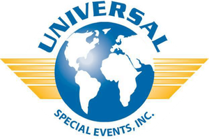 Logo: Blue globe with white continents, 