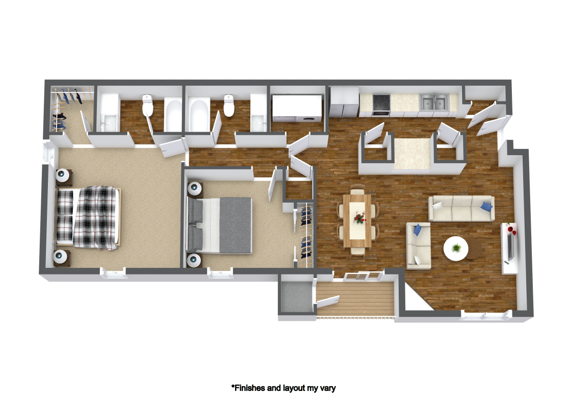 Floor plan of a two-bedroom, two-bathroom apartment with an open-concept kitchen, dining, and living area.
