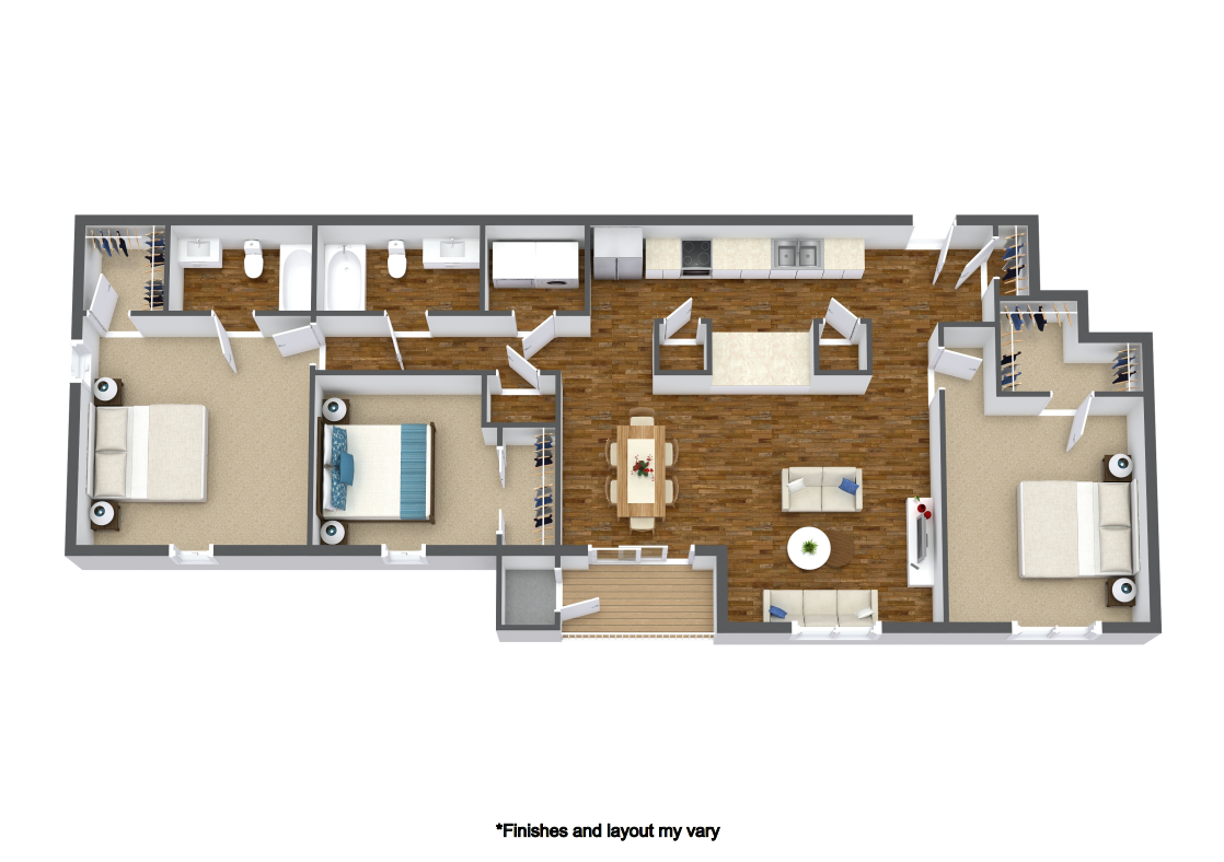 3D floor plan of a 3-bedroom apartment with a living area, kitchen, dining space, and two bathrooms.