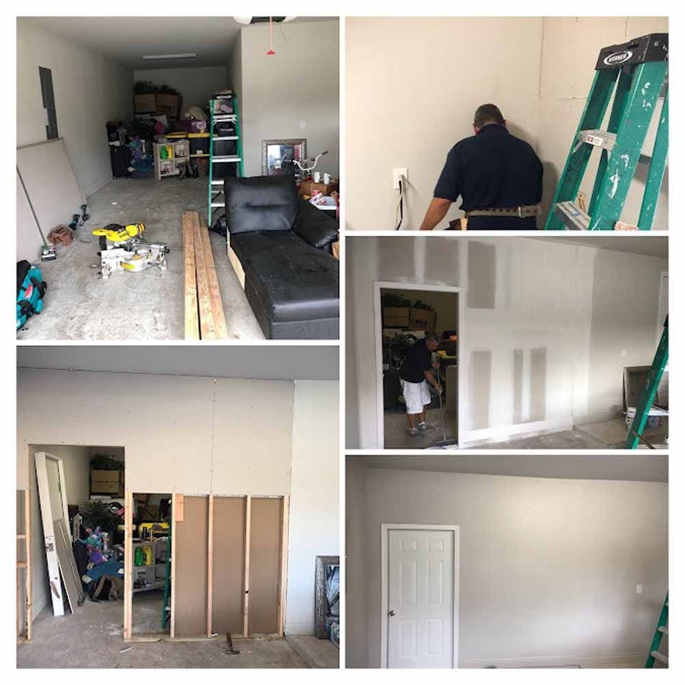 Garage conversion: men installing drywall, framing walls, and painting.