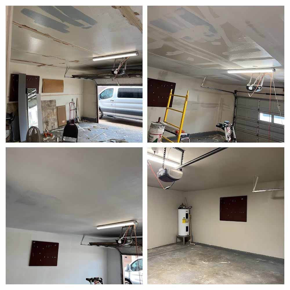 Garage renovation stages: ceiling, walls, water heater, and garage door. White walls and ceiling.