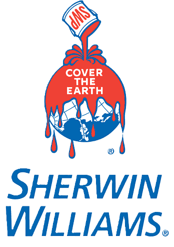Sherwin-Williams logo: paint can pouring red paint over blue globe, with text "Cover The Earth".