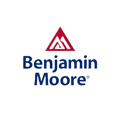 Benjamin Moore logo: Red triangle with "BM" inside, dark blue text below.