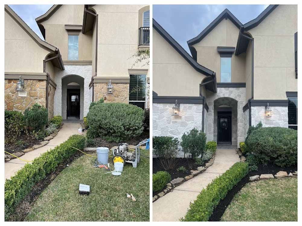Before-and-after of a house exterior. Fresh landscaping, new stone accents, and dark trim create a cleaner look.