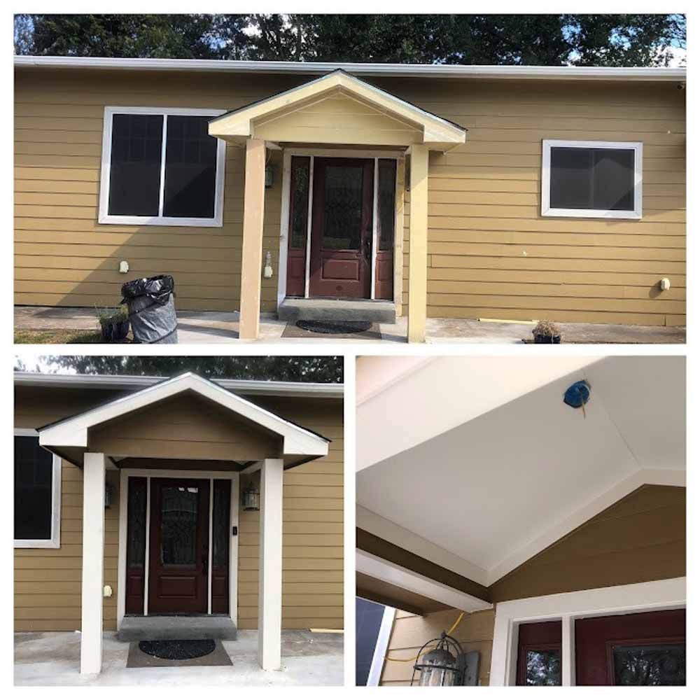 Exterior of a house with a covered doorway, painted yellow with white trim.