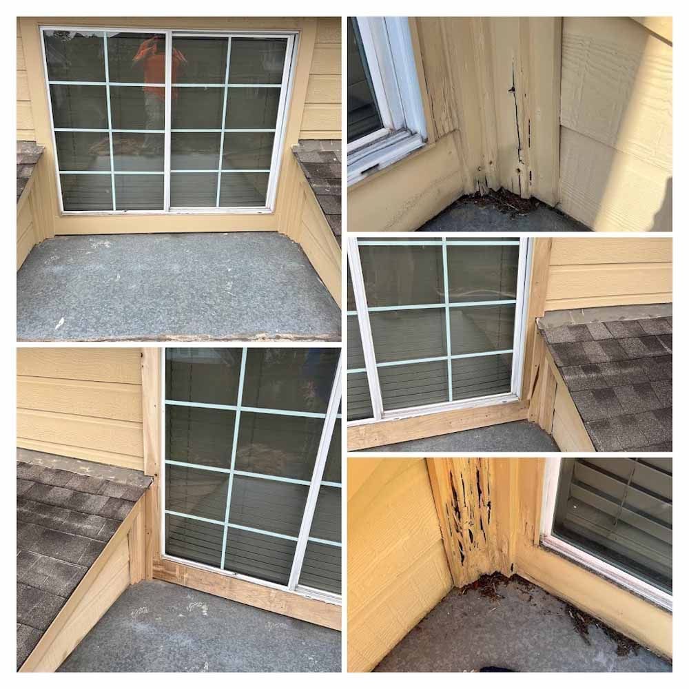 Damaged siding and window frame on a building's exterior, showing areas of peeling paint and possible water damage.