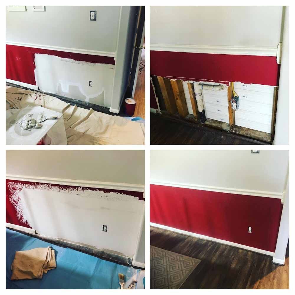 Four-panel view of wall repair. Red wall being painted white to match upper wall, exposing wood and insulation.