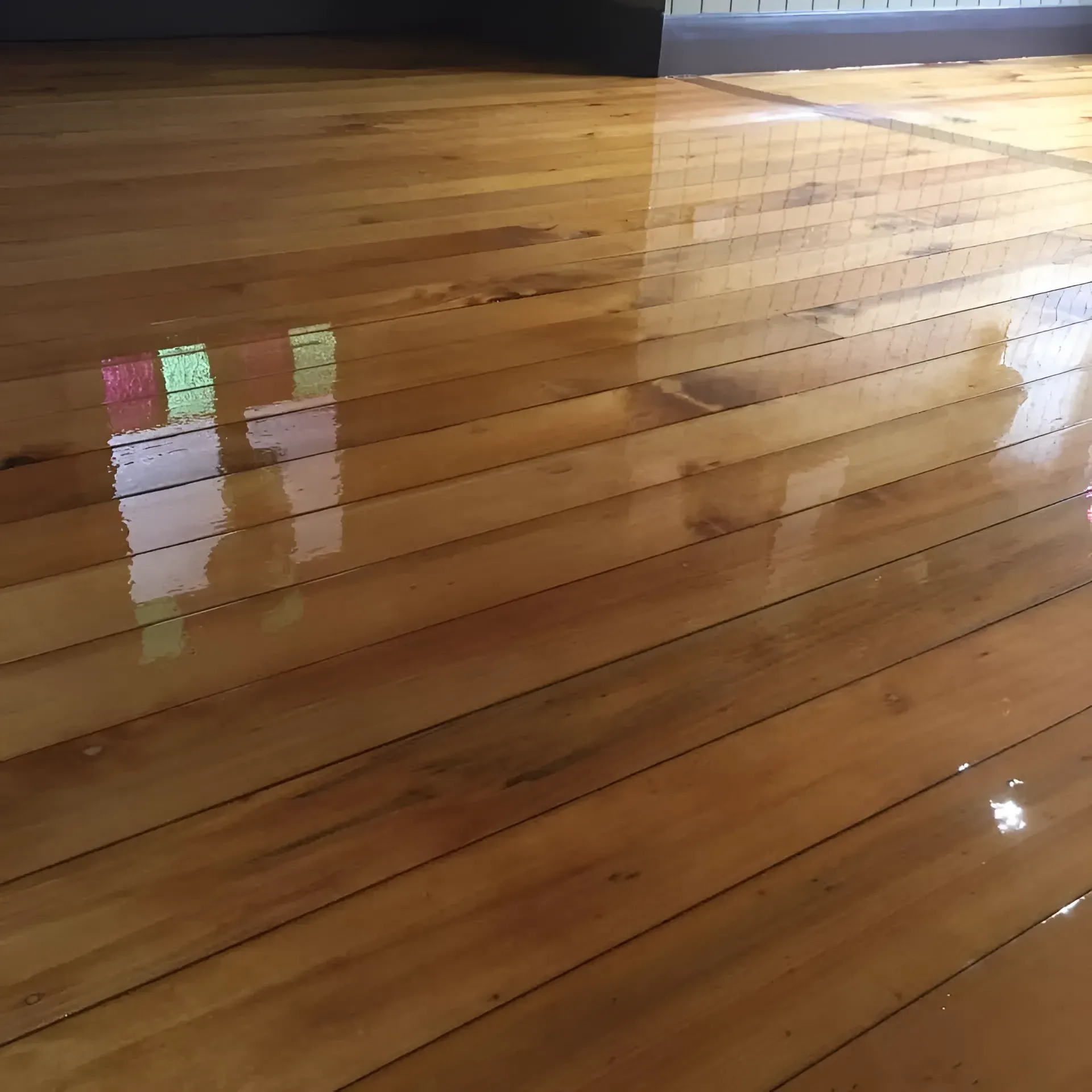 Shiny Wooden Floor Reflecting Light from A Window and Ceiling — Toowoomba Polished Floors in Gatton, QLD
