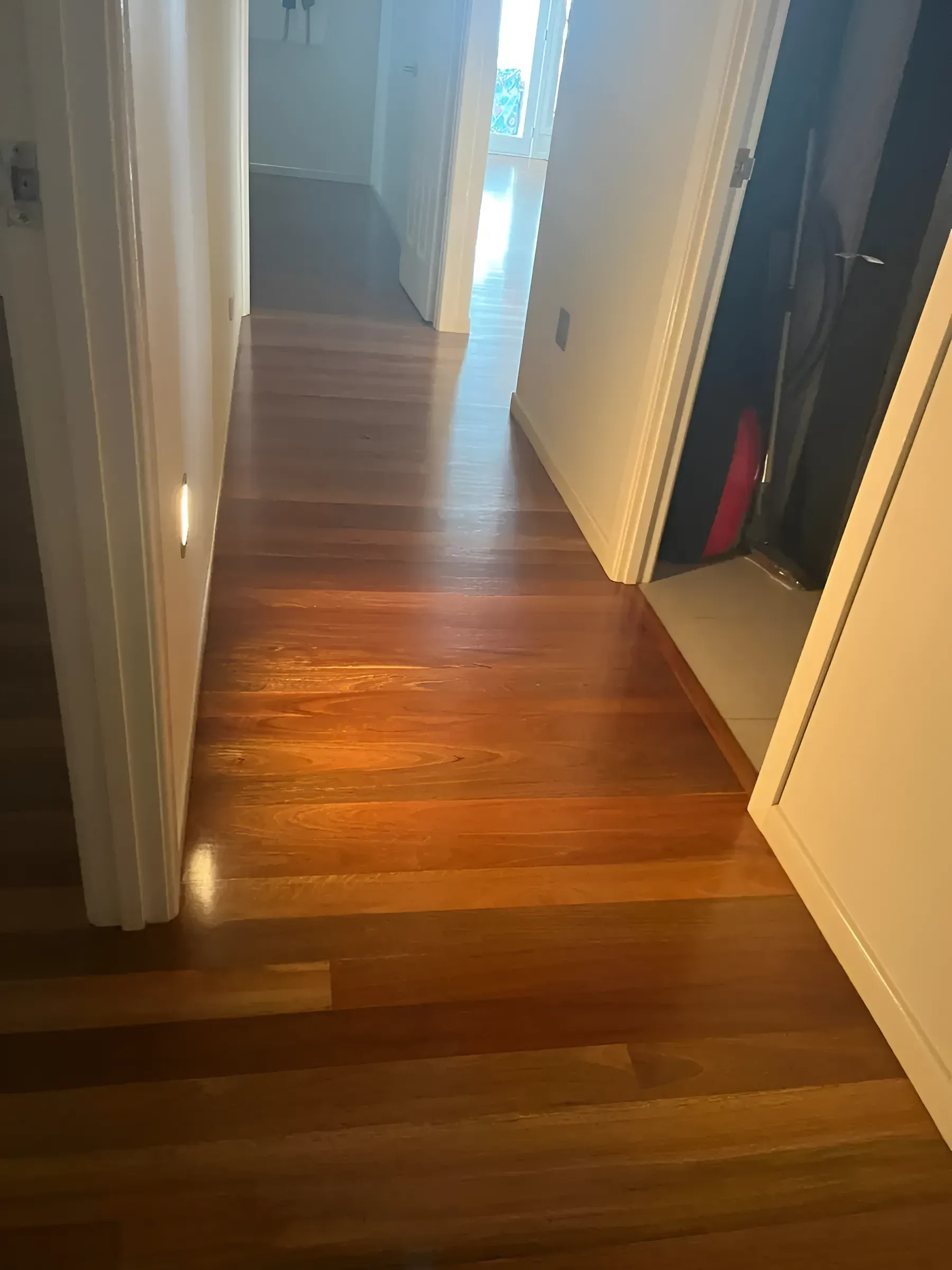 Hallway with Dark Wooden Floors and White Doors — Toowoomba Polished Floors in Crows Nest, QLD