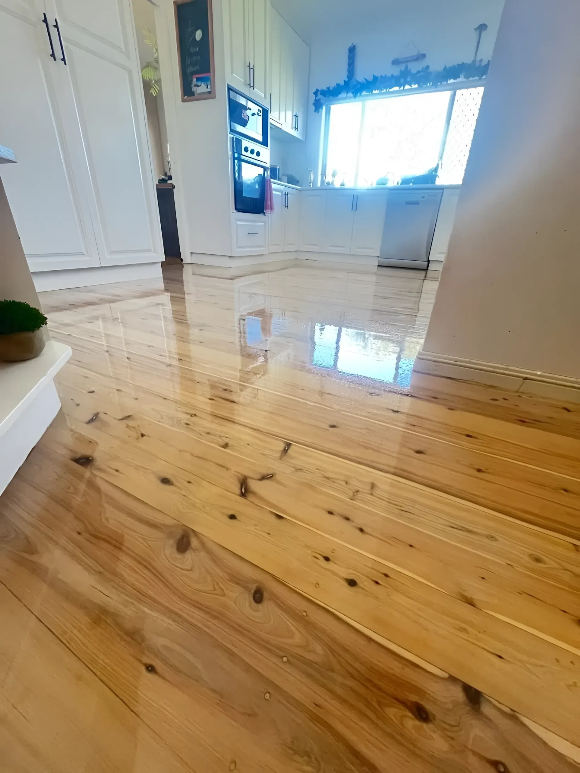 Polished Wooden Floor in A Kitchen Reflecting Light from A Window — Toowoomba Polished Floors in Oakey, QLD