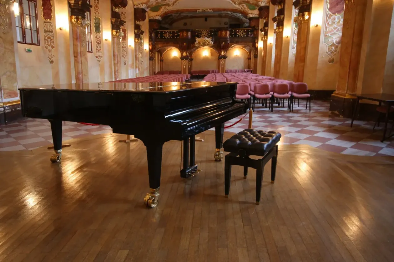 a grand piano is sitting in the middle of a large room