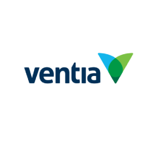 A logo for ventia with a blue and green arrow