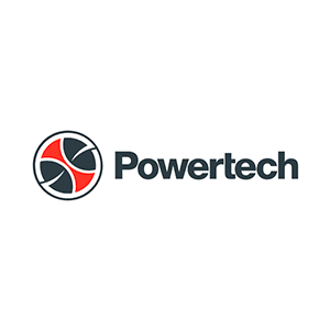 A logo for a company called powertech with a red and black logo on a white background.
