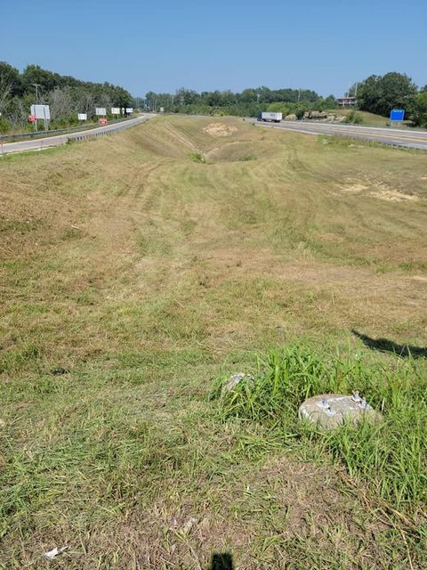 A grassy field with a road in the background