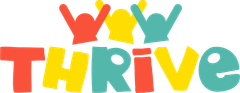 The word thrive is written in colorful letters on a white background.