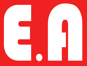 A red background with white letters e.a.