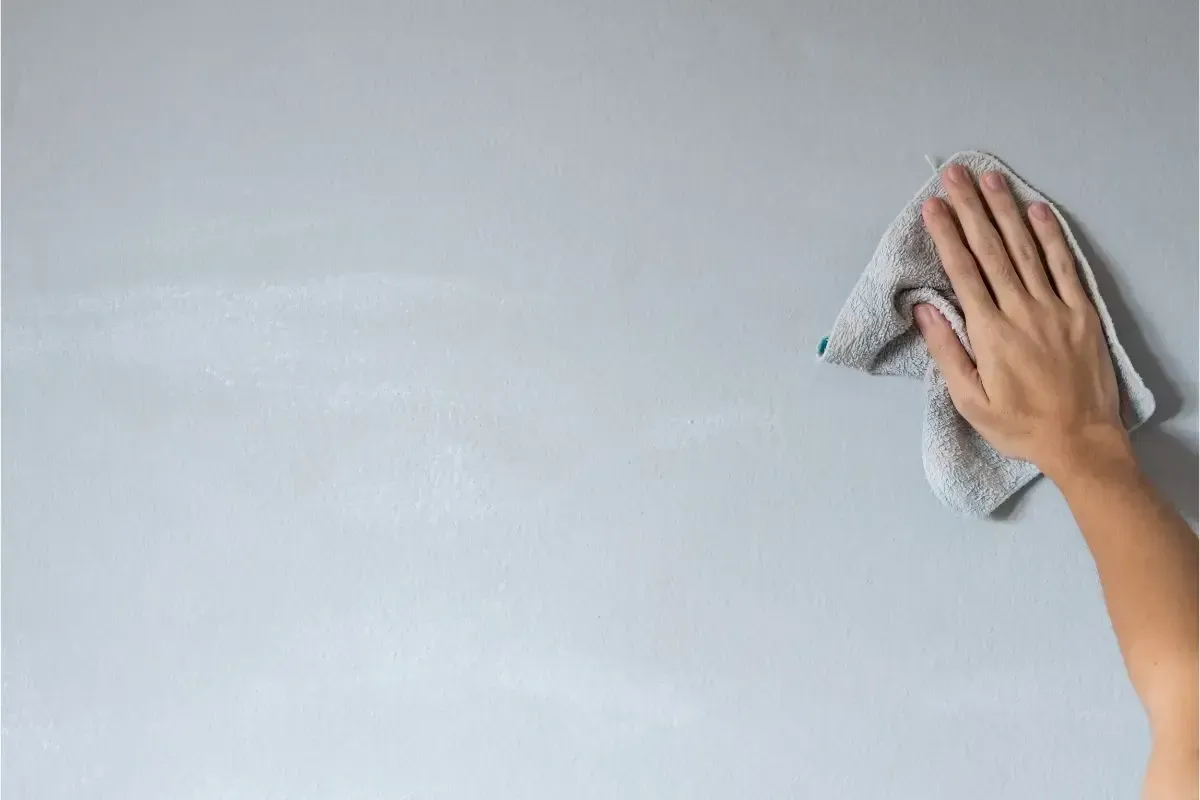 A person is cleaning a wall with a towel.