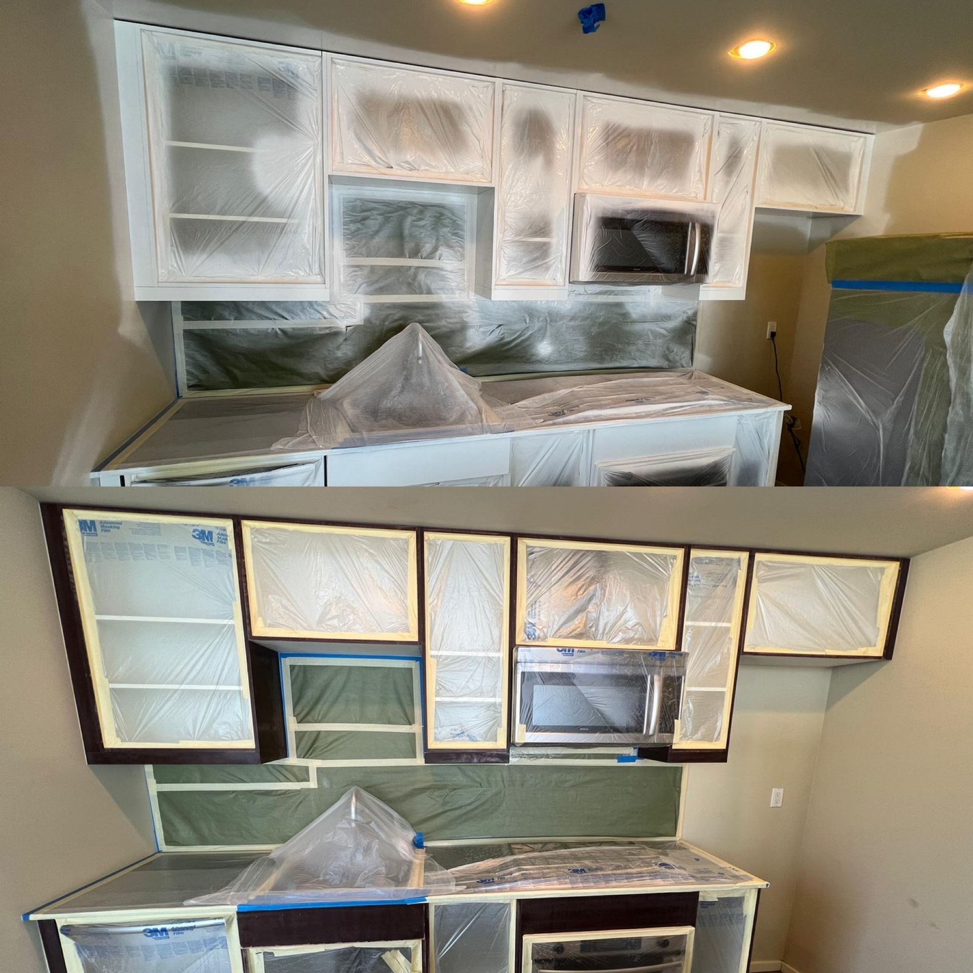 A before and after picture of a kitchen being painted