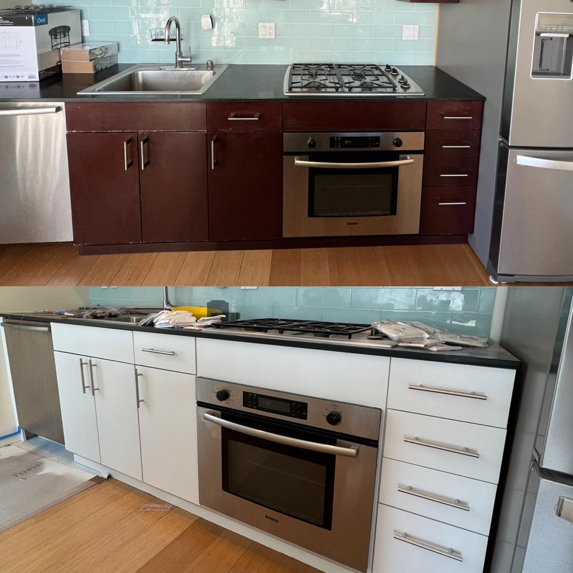 A before and after photo of a kitchen with stainless steel appliances