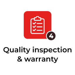 A red icon with a clipboard and the words `` quality inspection and warranty ''.
