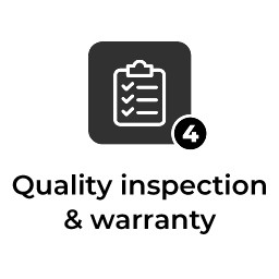 A red icon with a clipboard and the words `` quality inspection and warranty ''.