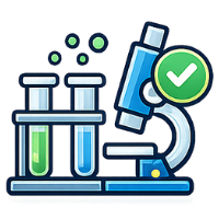 Microscope next to test tubes, green liquid, check mark, science.