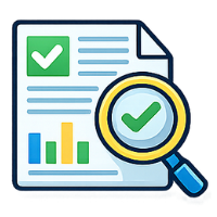 Document with chart, magnifying glass, and checkmark, representing analysis and approval.