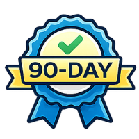 90-day guarantee badge: blue, gold, and white. Features a ribbon, checkmark, and text that says, 