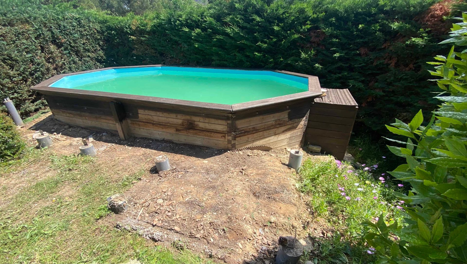 Une grande piscine se trouve au milieu d'un jardin verdoyant.