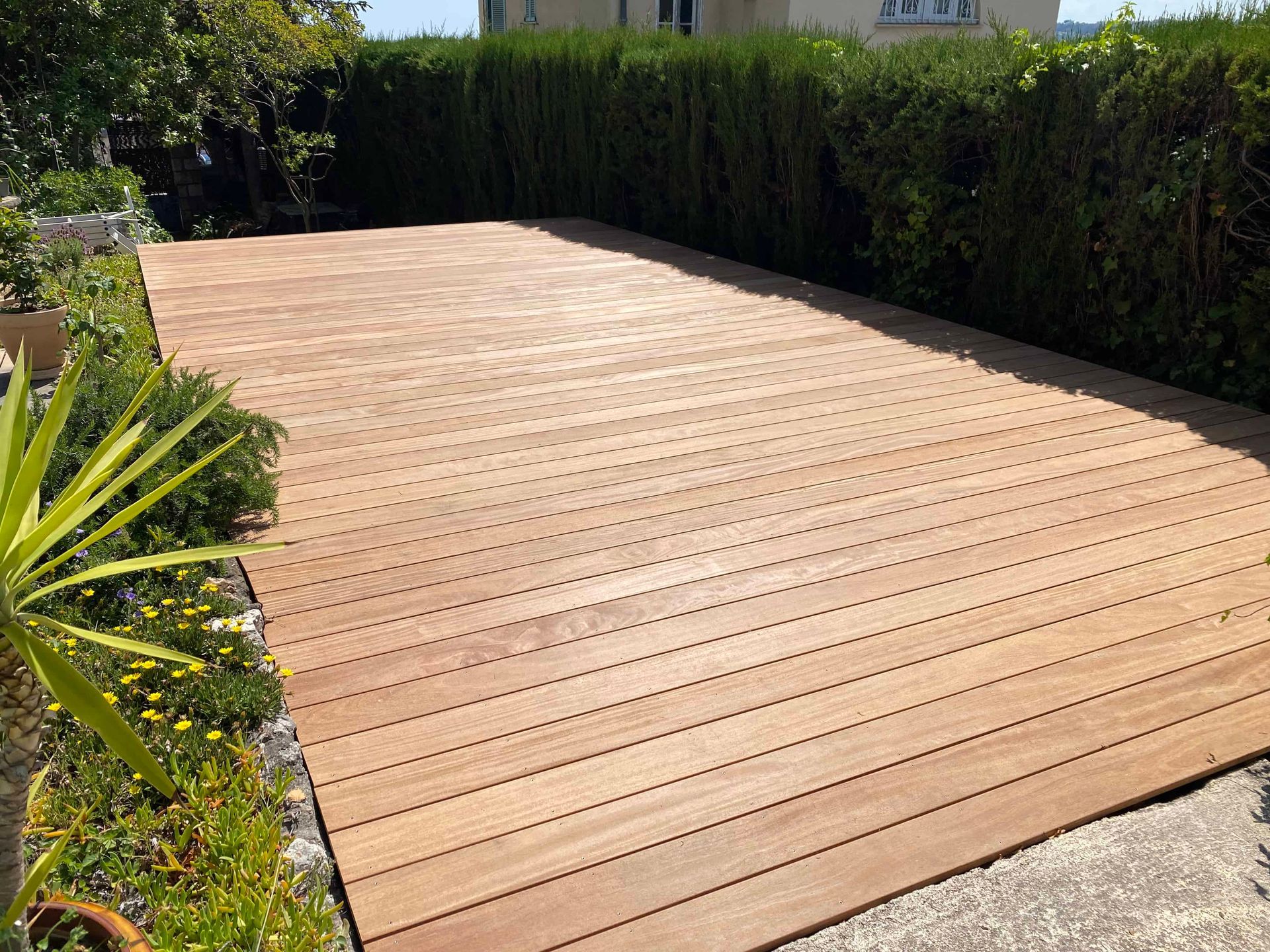 Une grande terrasse en bois est entourée d'une haie verte luxuriante.