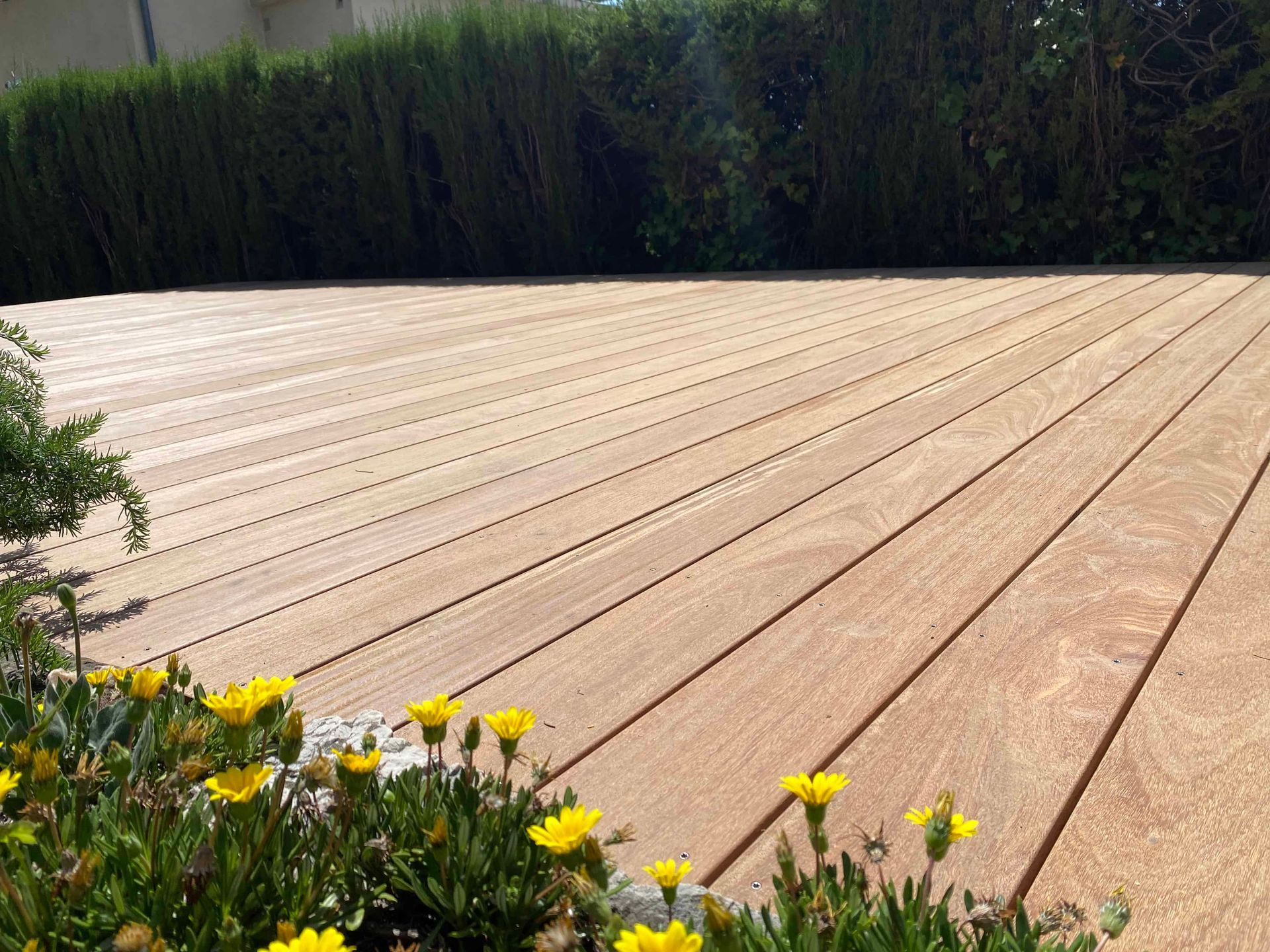 Une terrasse en bois avec des fleurs jaunes au premier plan.