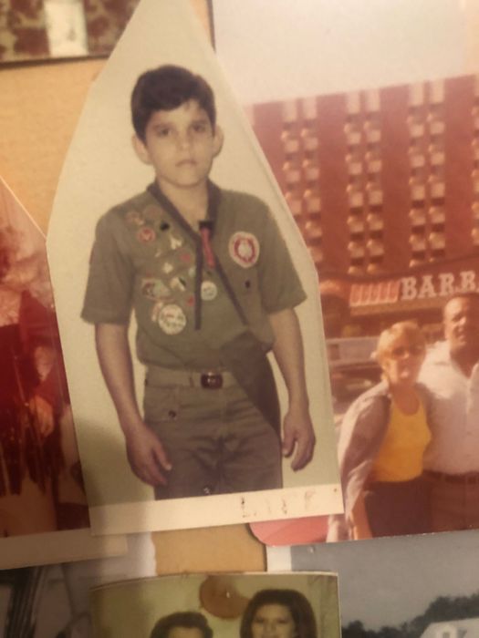 Arrows with red, white, and green fletching in a wooden holder, set against a blurred outdoor backdrop.