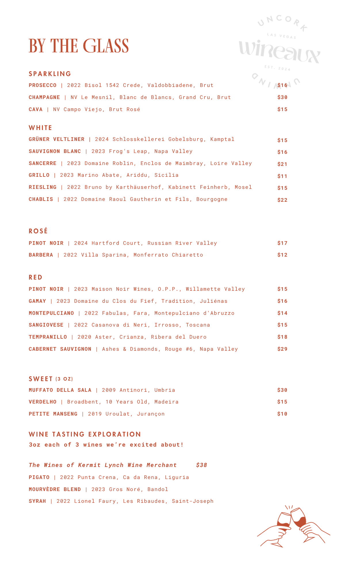 A menu for a restaurant called by the glass