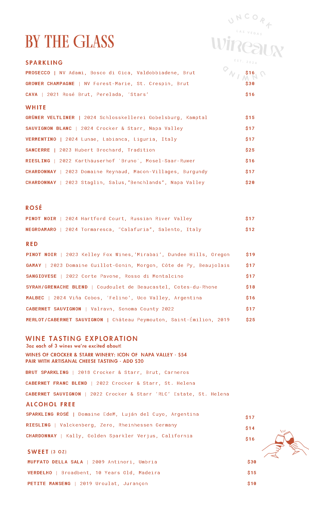 A menu for a restaurant called by the glass