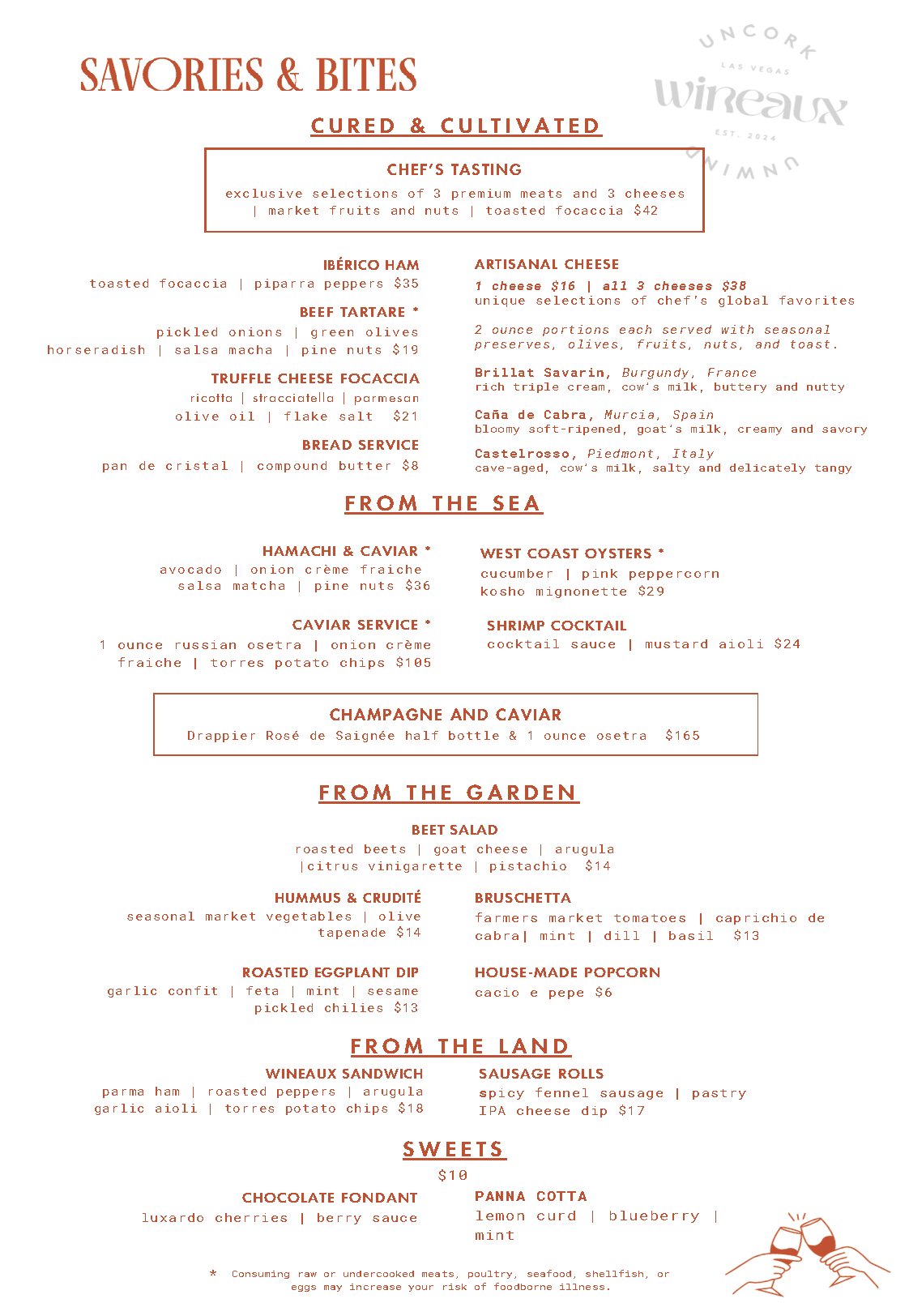 A menu for savories and bites at a restaurant