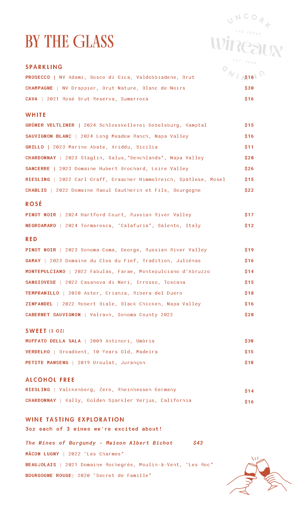 A menu for a restaurant called by the glass