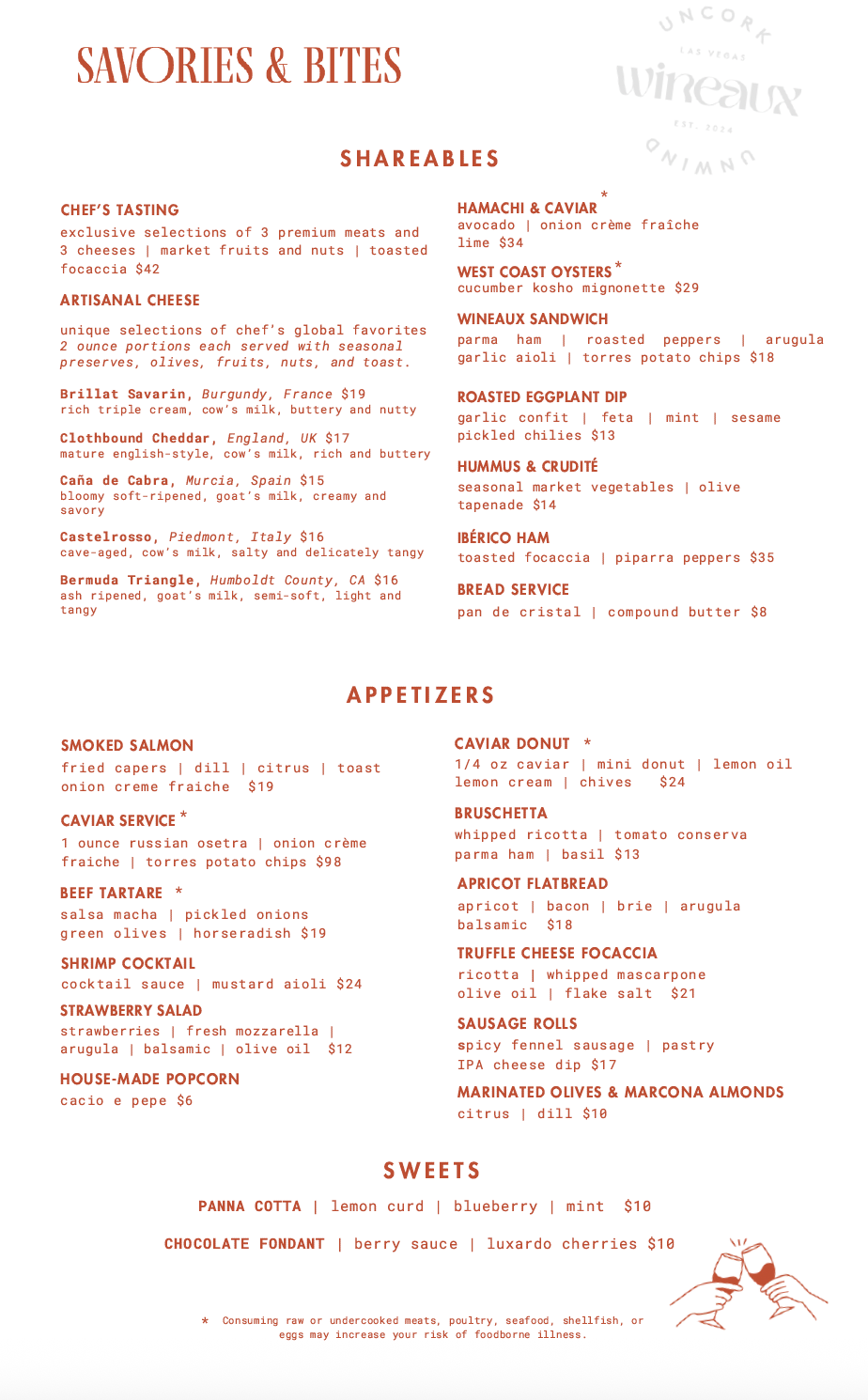 A menu for savories and bites at a restaurant