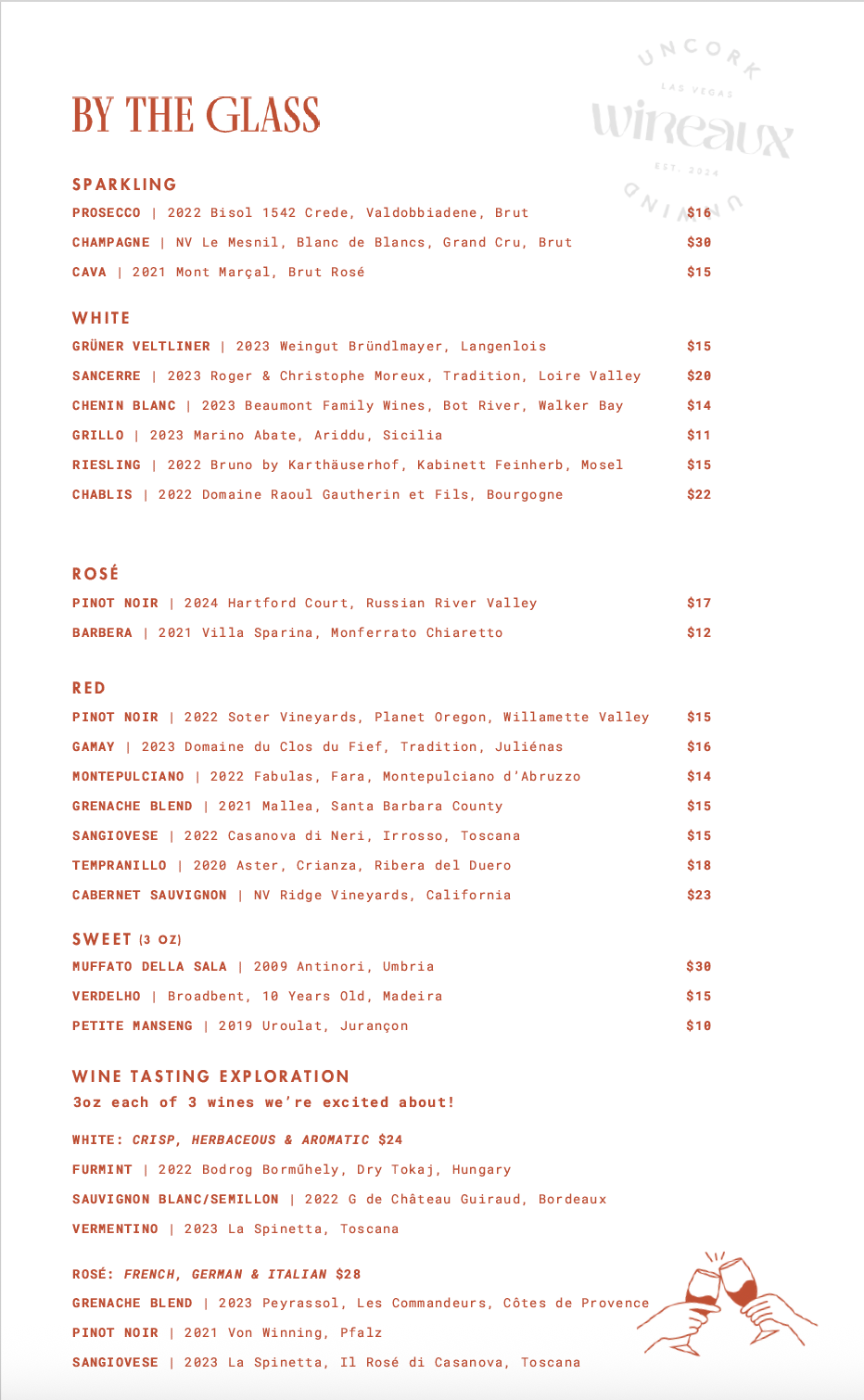 A menu for a restaurant called by the glass