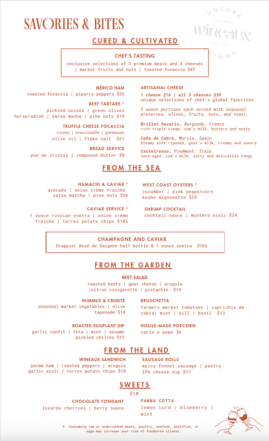 A menu for savories and bites at a restaurant