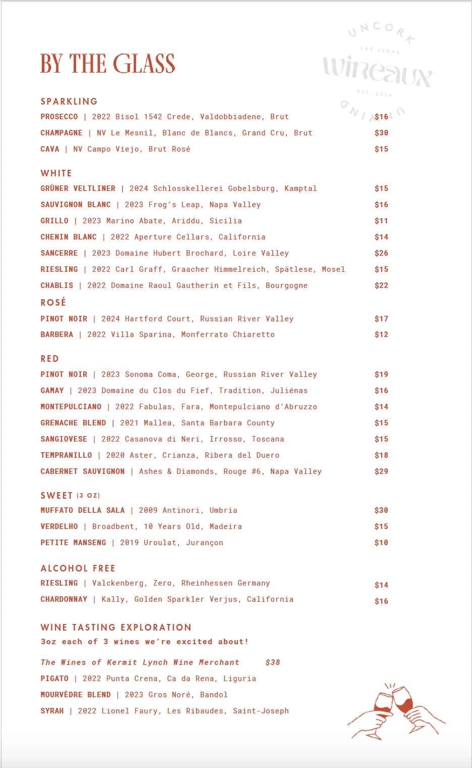 A menu for a restaurant called by the glass