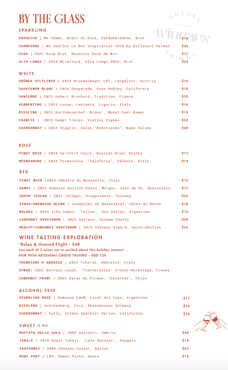 A menu for a restaurant called by the glass