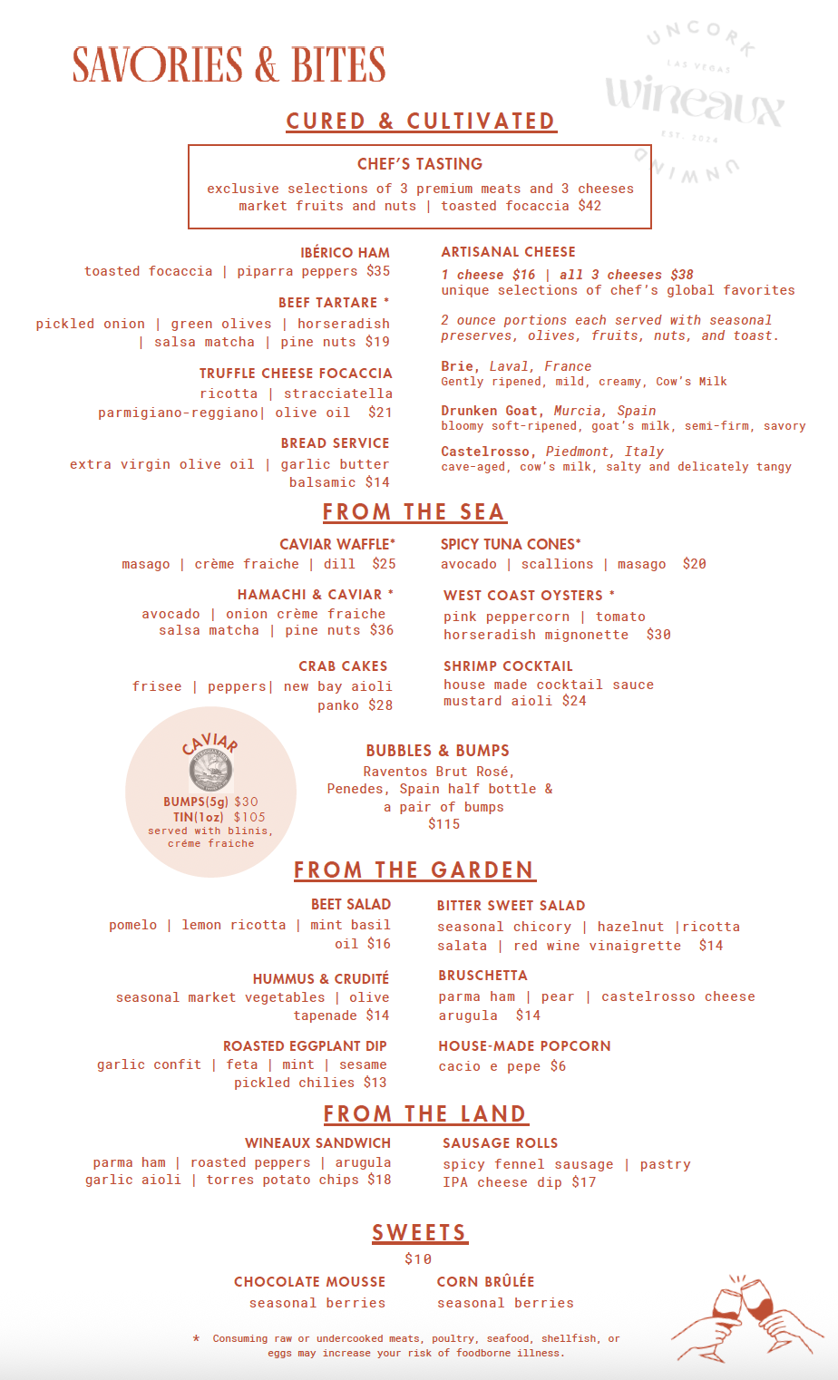 A menu for savories and bites at a restaurant