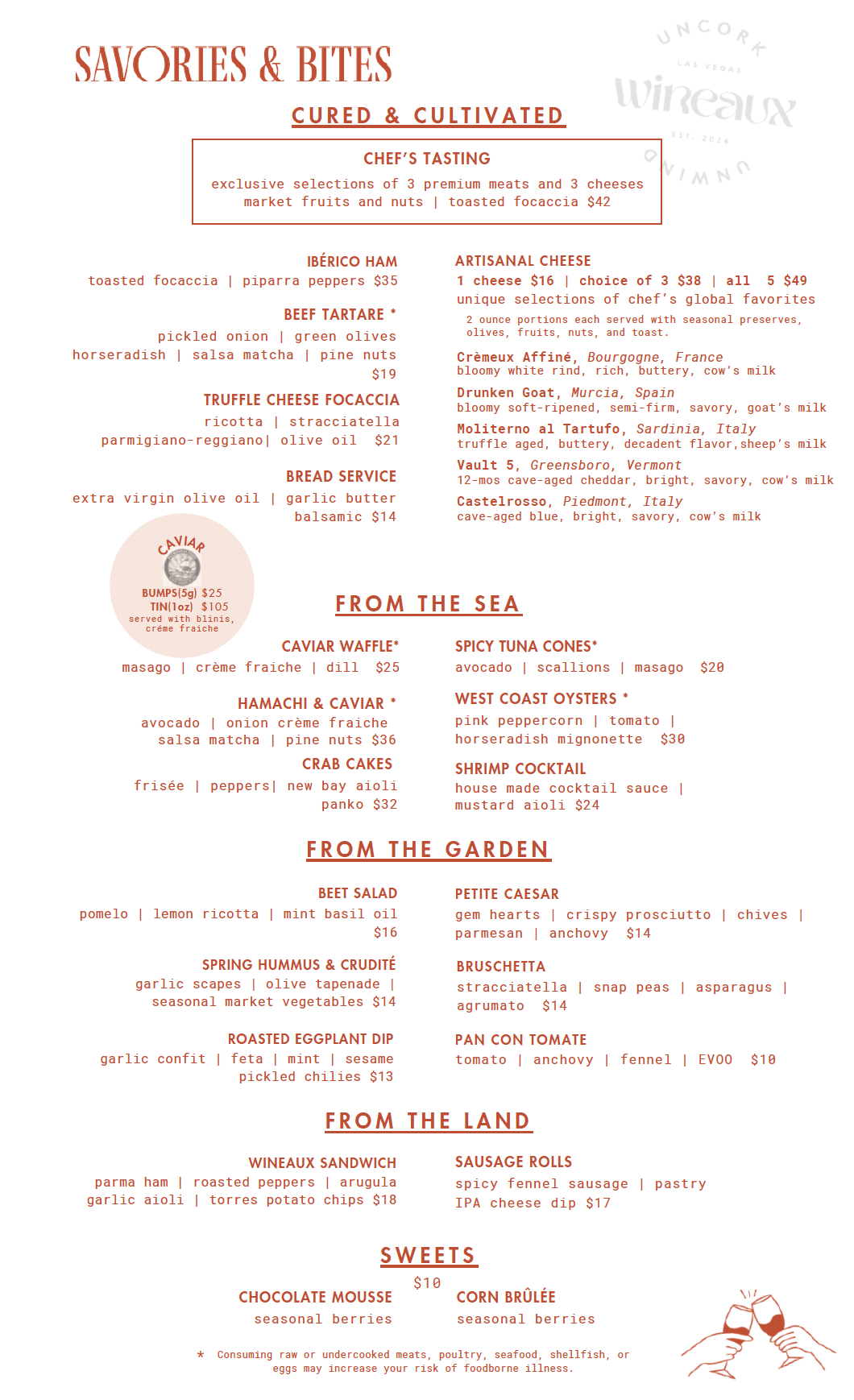A menu for savories and bites at a restaurant