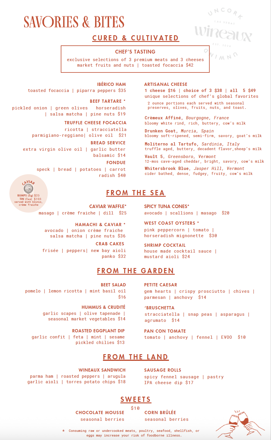 A menu for savories and bites at a restaurant