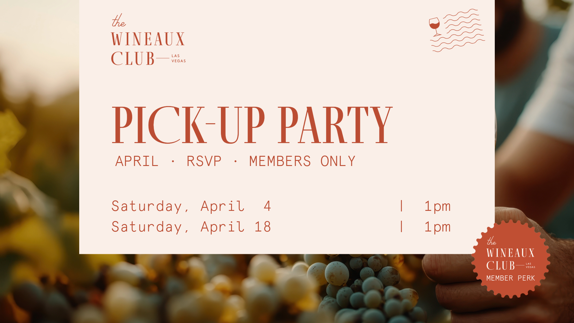 Announcement for a Wineaux Club pick-up party on March 14 and 21, set against a background of wine corks.