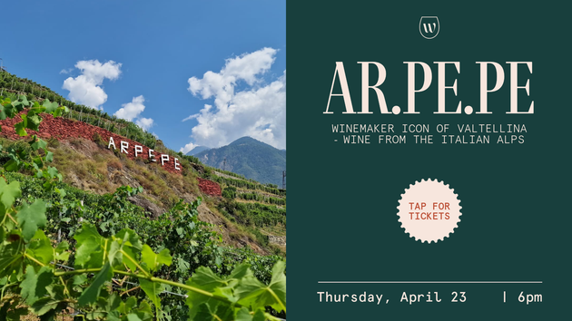 A wine pour into a glass with text announcing an Austria & Germany wine event on Friday, March 27 at 4:30 pm.